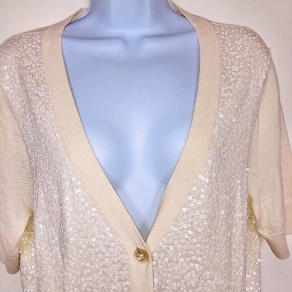 Talbots Knit Top Womens XL Sweater Beige Short Sleeve Cardigan V Neck Sequins - Picture 3 of 7